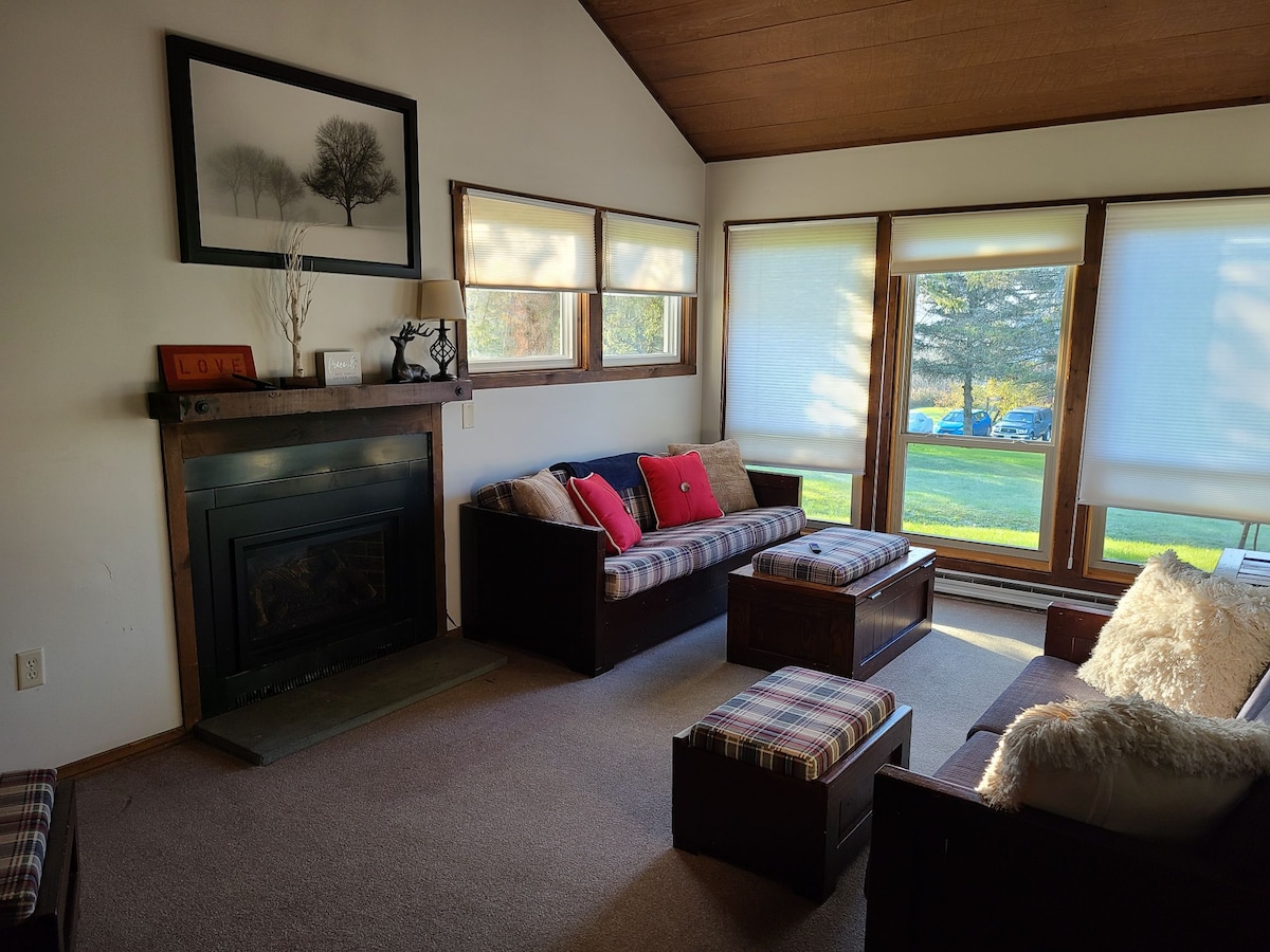 A bright living room features large windows allowing natural light to fill the space. Comfortable seating is arranged on both sides of a gas fireplace, with decorative pillows on the sofas. Soft carpeting covers the floor, enhancing the cozy atmosphere.