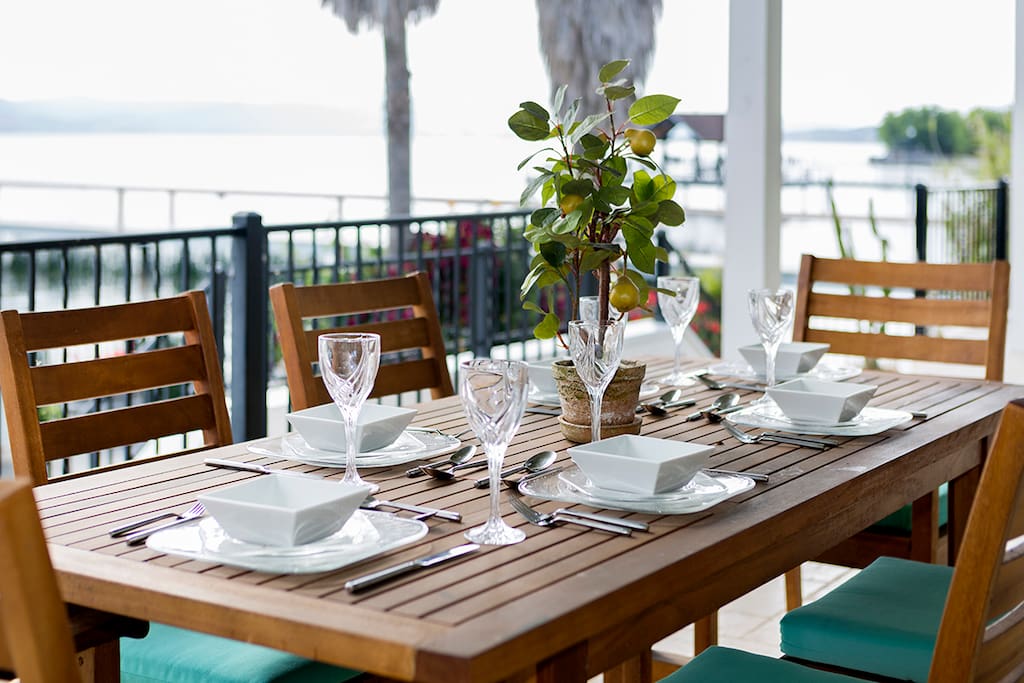 Dine al fresco overlooking the sparkling Clear Lake from our spacious outdoor dining room and patio.