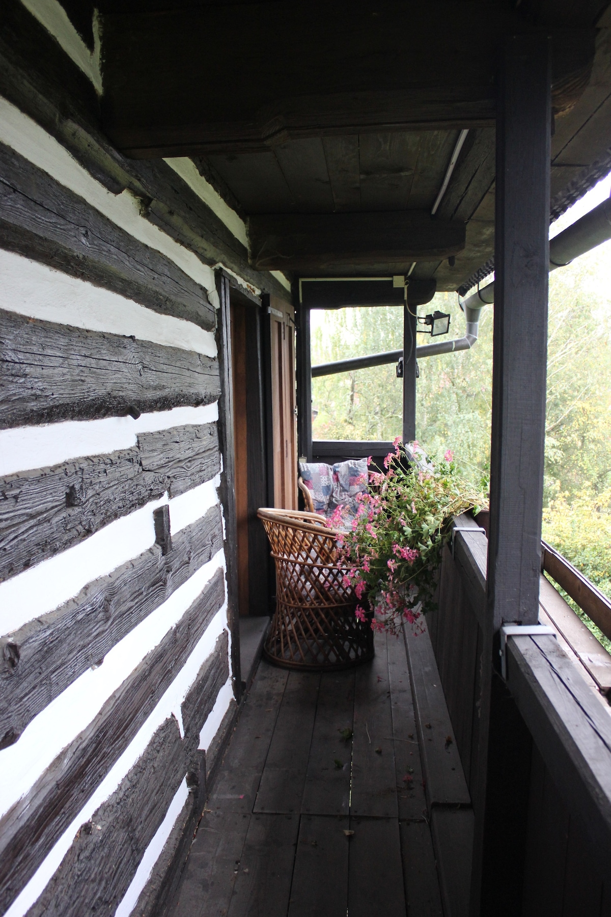 An inviting balcony features wooden flooring and rustic log walls. A wicker chair is situated beside a flower pot filled with vibrant blossoms. The entrance leads to an interior space, while greenery is visible in the background, enhancing the serene atmosphere.