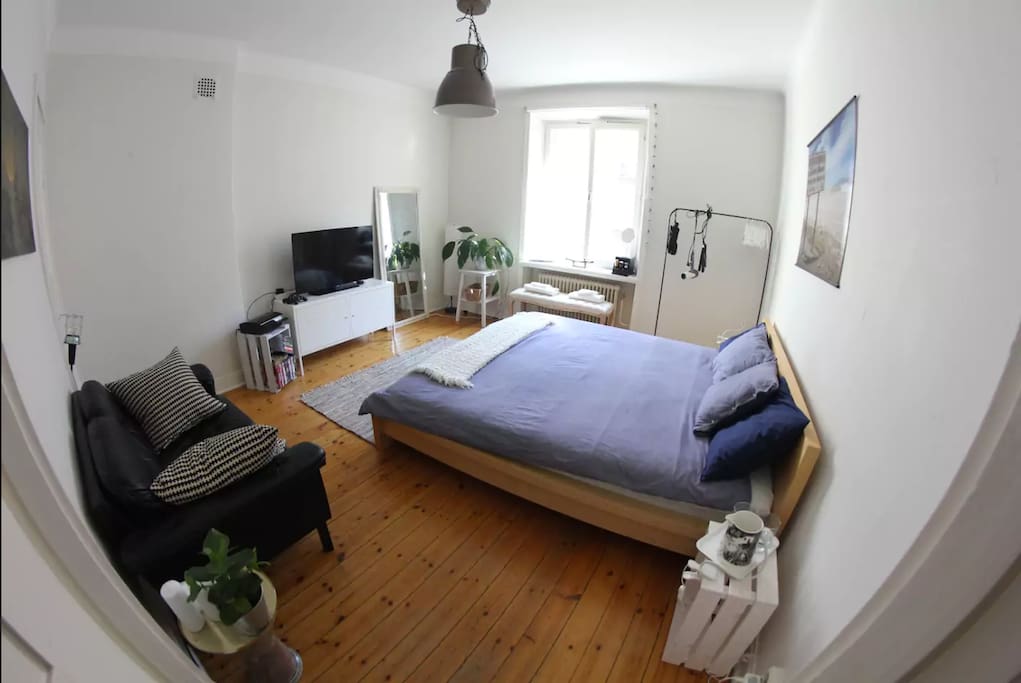 The room has a clothing rack, bed, bedside tables, sofa, TV, huge full-body mirror. Umbrellas for rainy weather! You also have a hairdryer, a hair straightener and a yoga mat in the room.