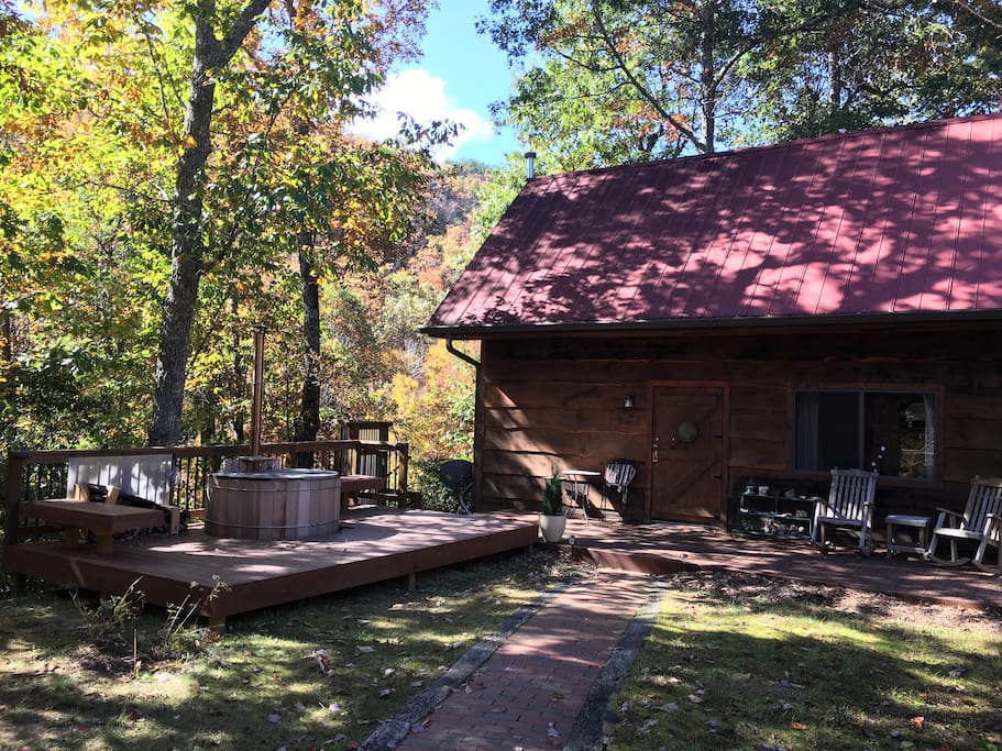 Cabin, decks, and hot tub