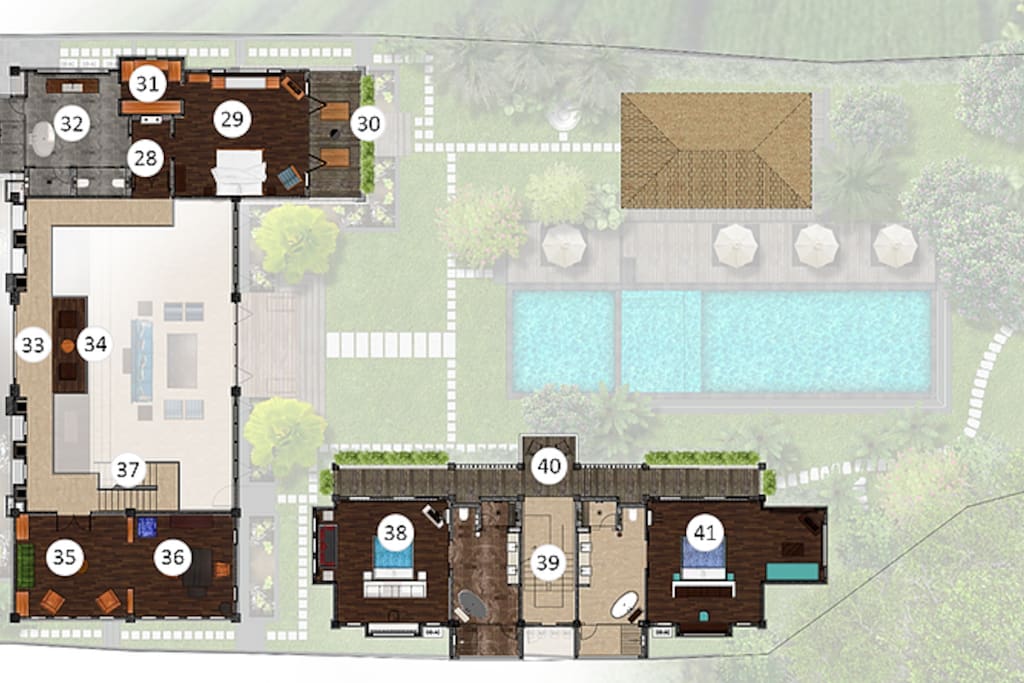 Upper floor plan: 28. Master Suite entrance area 29. Master Suite bedroom 30. Master Suite balcony 31. Master Suite Walk-through closet 32. Master Suite bathroom 33. Gallery walk 34. Gallery sitting area 35. Library 36. Office/work area 37. Staircase to main house lower floor 38. China Suite 39. Staircase to guest house lower floor 40. Observation balcony 41. Canggu Suite