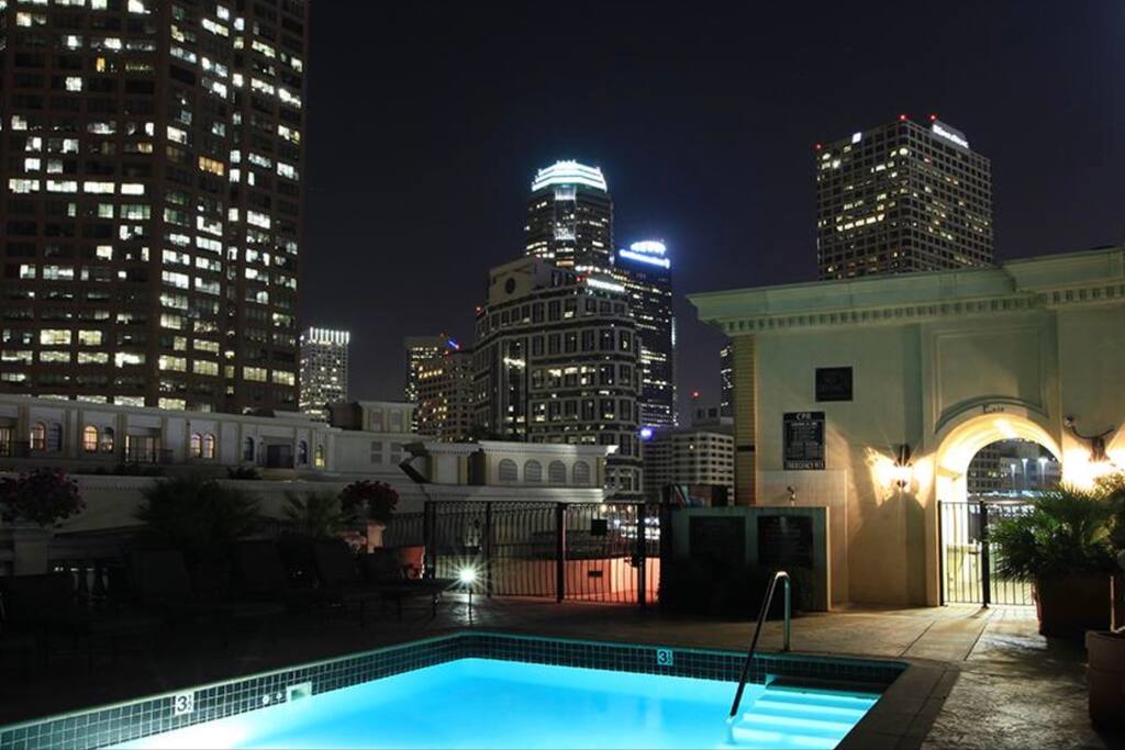 Rooftop heated pool with spectacular views of DTLA.