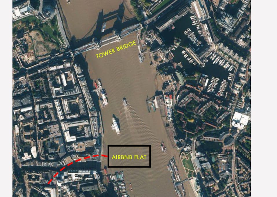 5 minutes walk from Tower Bridge. Our flat is right by the river !