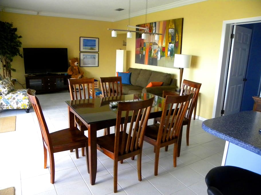 Living and dining area view from wet bar area
