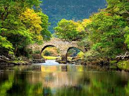 A serene landscape featuring a stone bridge with two arches, set against a backdrop of lush green trees and a reflective water surface. The surrounding foliage displays varying shades of green and hints of autumnal colors, creating a calming natural atmosphere.