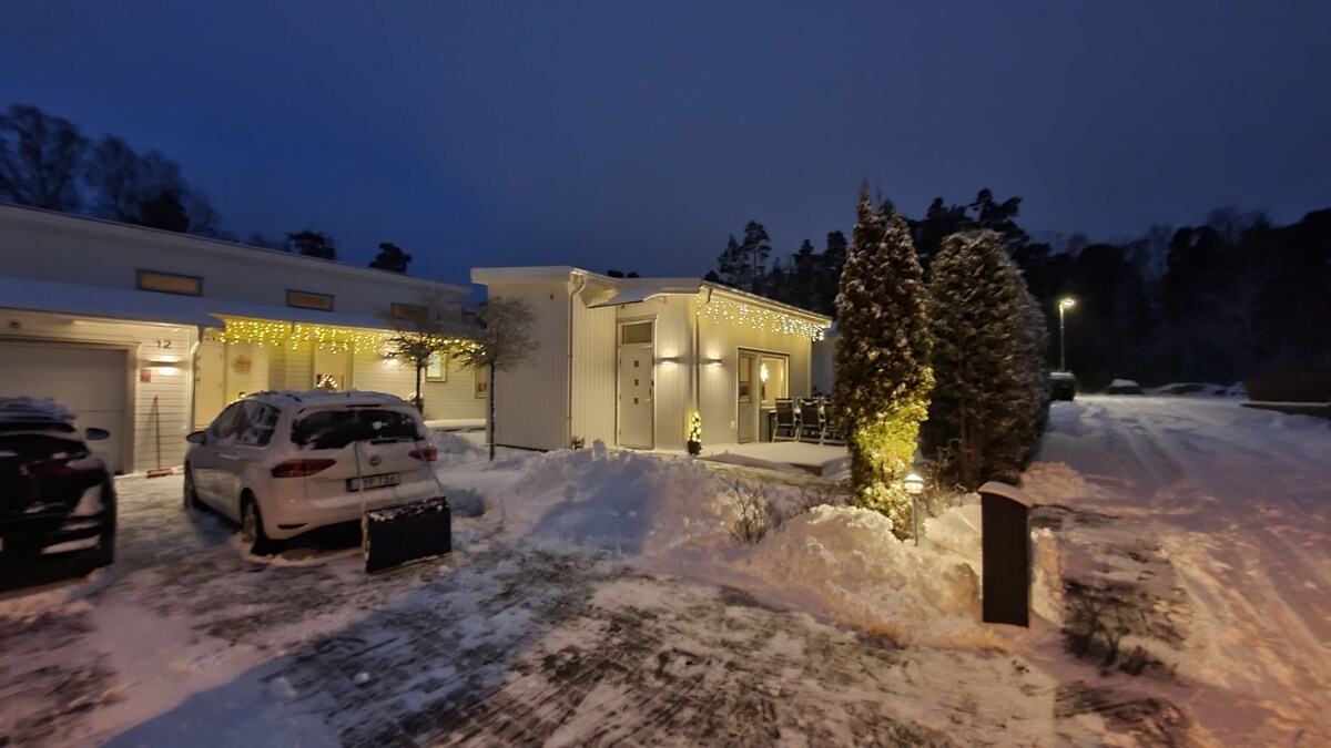 A modern house is showcased in a snow-covered landscape, with soft yellow lights illuminating the exterior. The driveway is lined with snow, and parked vehicles are visible, creating a serene winter setting. Trees are adorned with lights, enhancing the evening ambiance.