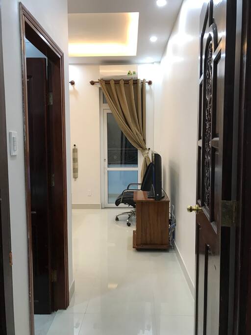 Riverside Spacious Double bedroom with balcony: view from the door.