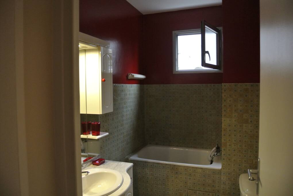 Salle de bain avec baignoire douche, lave linge