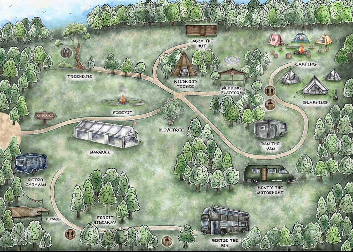 A detailed map of the Moonacre site is presented, illustrating various accommodations such as Jabba the Hut, Hillwood Tepee, and camping areas. Pathways are marked, surrounded by lush greenery and trees, with designated spaces shown for glamping and other amenities, creating a clear layout of the unique location.