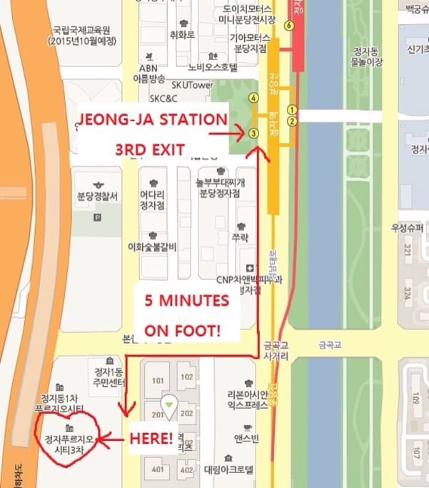 After you stand at the 3rd exit of Jeongja station, Go straight one long block and turn right, then go straight one block and turn left. You will see the main entrance.