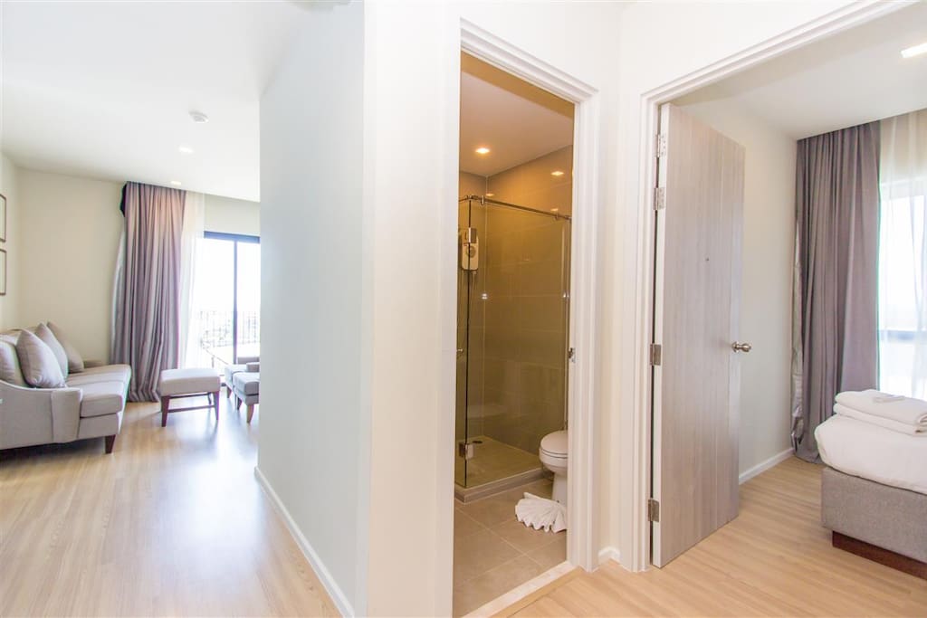 This room has a bathroom inside too.