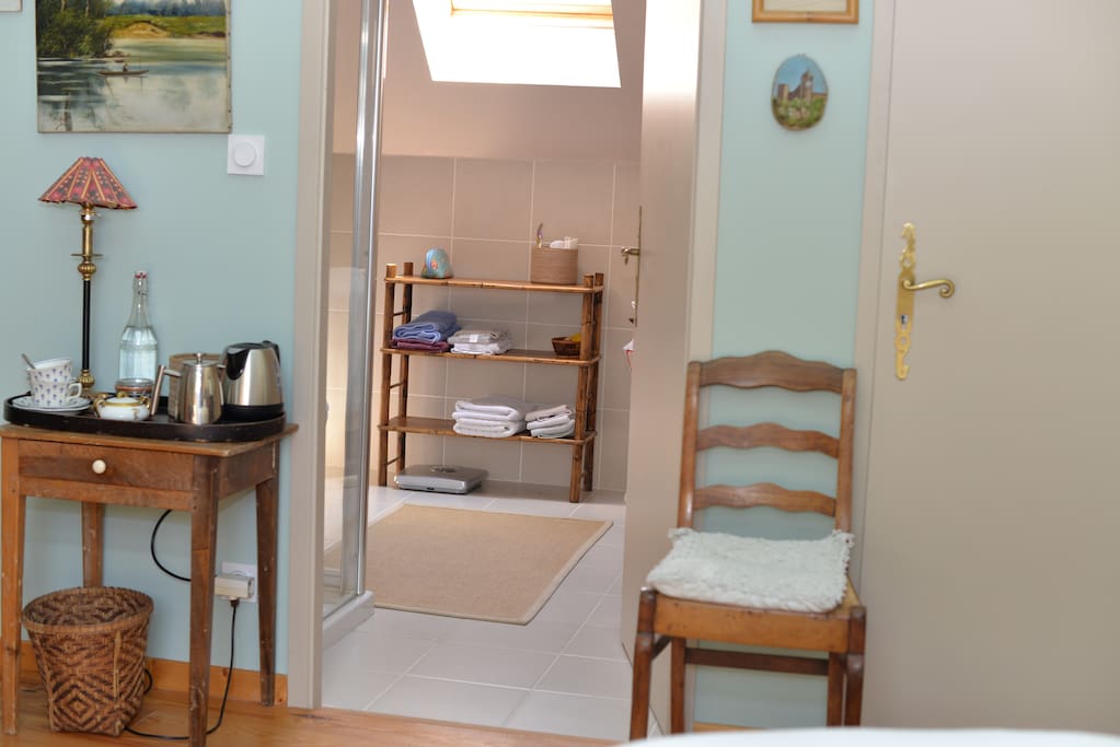 Tea making facilities and entry to luxury en-suite bathroom