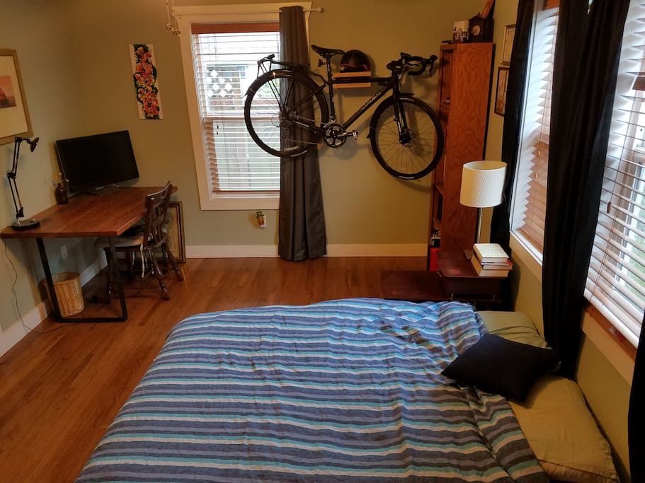 Doubles as a workspace with large desk.