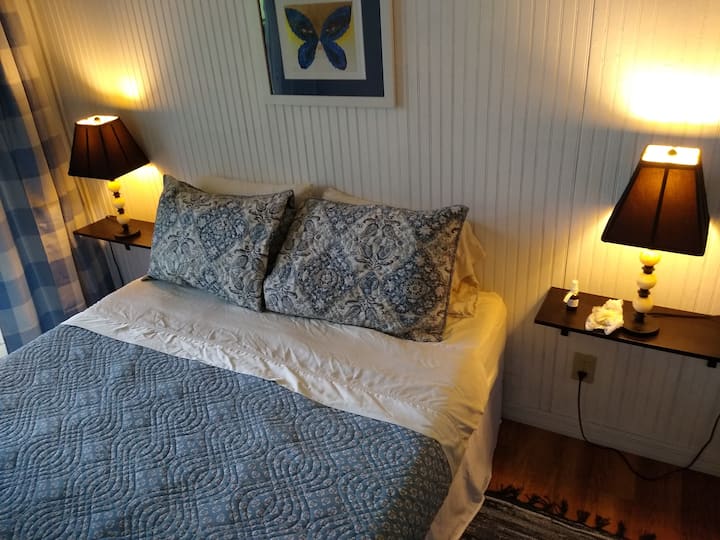 Bedroom with built-in end tables and lamps that can be controlled by a master switch at the door or independent at each lamp.