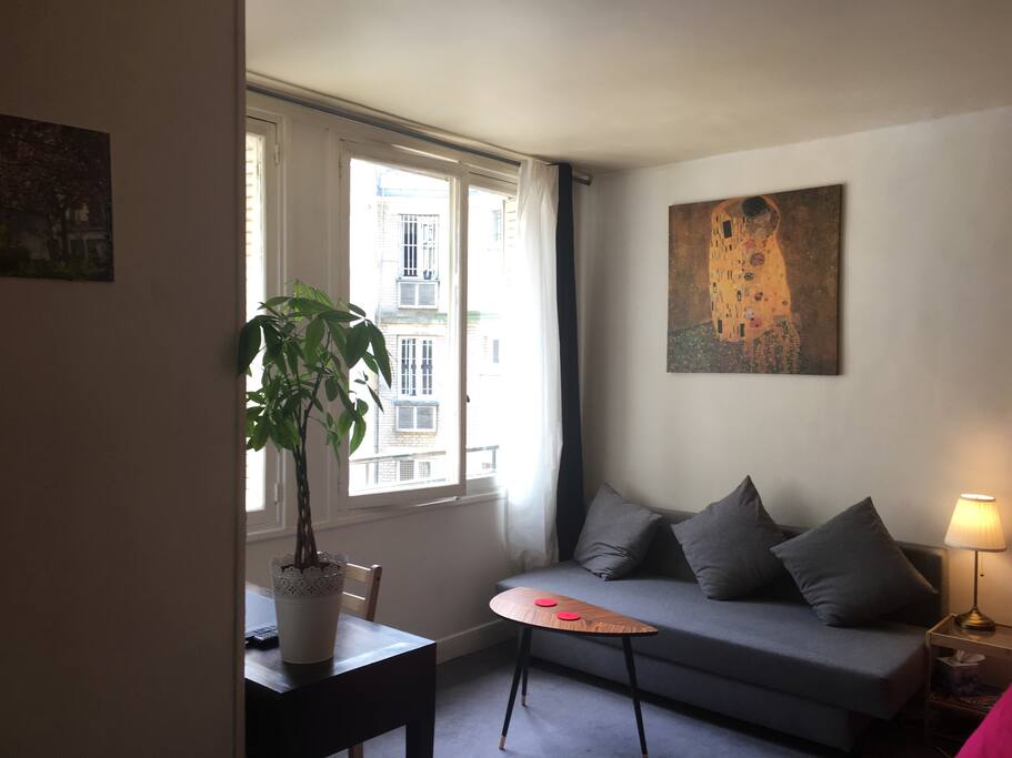 Coin salon. Canapé transformable en lit 135cm * 190.