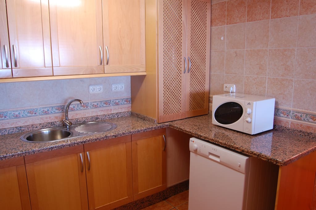 Cocina americana con nevera, horno, microondas y lavavajillas