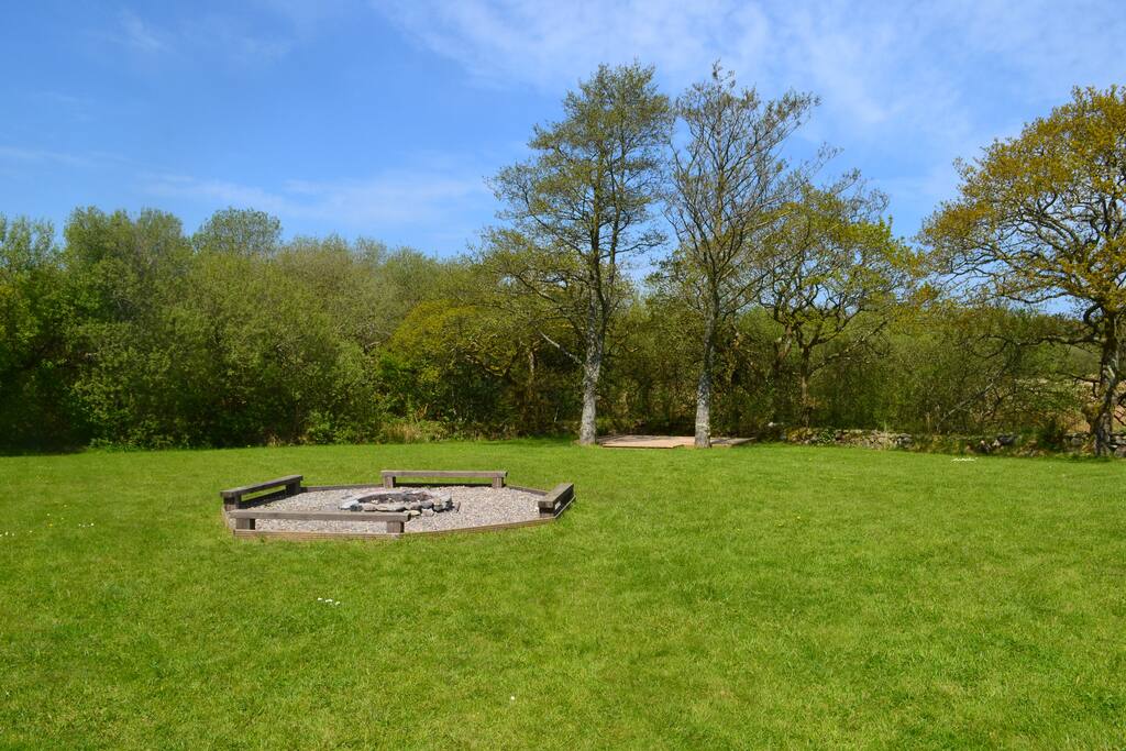 Shared outdoor space with firepit and play area.