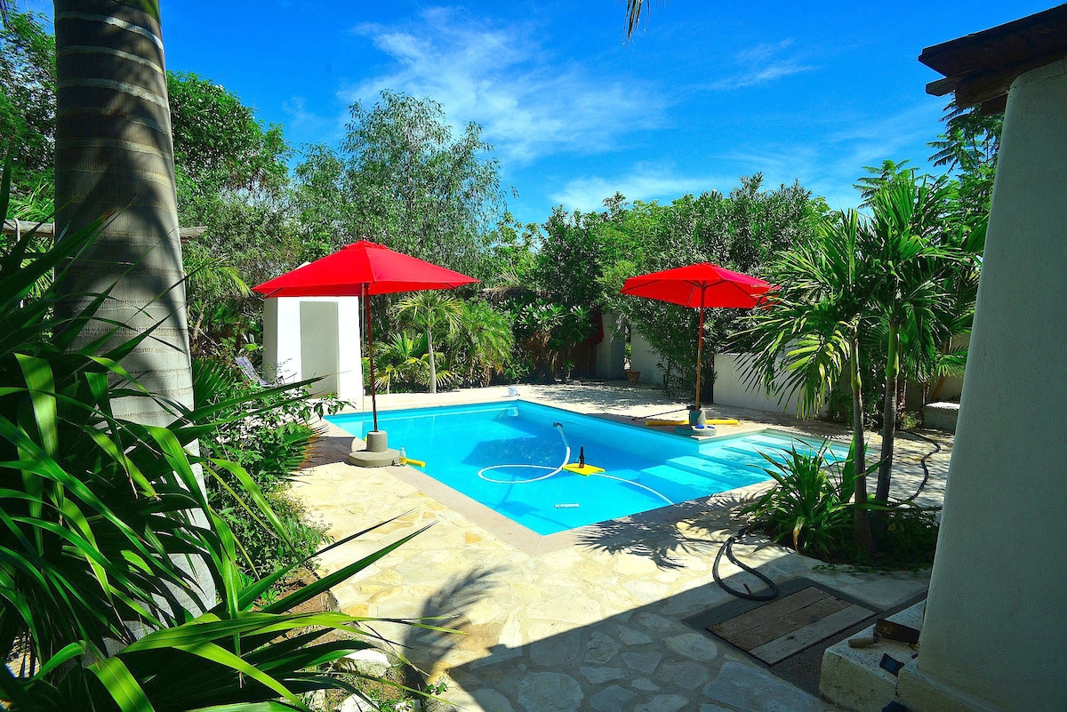 A crystal-clear pool is surrounded by tropical plants and natural stone paving. Two bright red umbrellas provide shaded seating areas on the pool deck, creating a relaxing outdoor space. Lush greenery complements the serene atmosphere of the private garden.