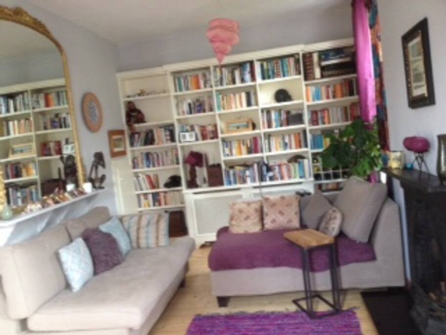 Lounge with fireplace, bookshelves, opens to side garden