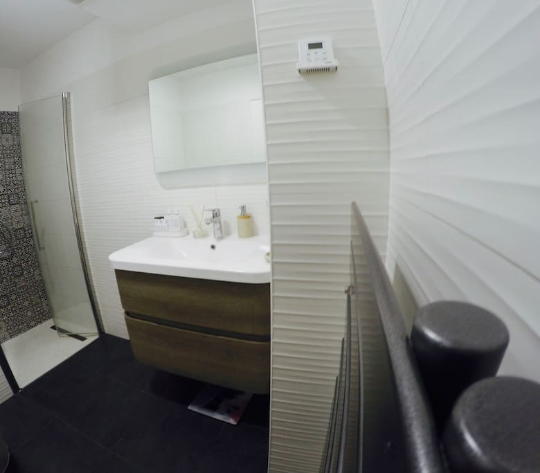 VUE DE LA SALLE DE BAIN AVEC DOUCHE, LAVABO UNE VASQUE ET SECHE SERVIETTE