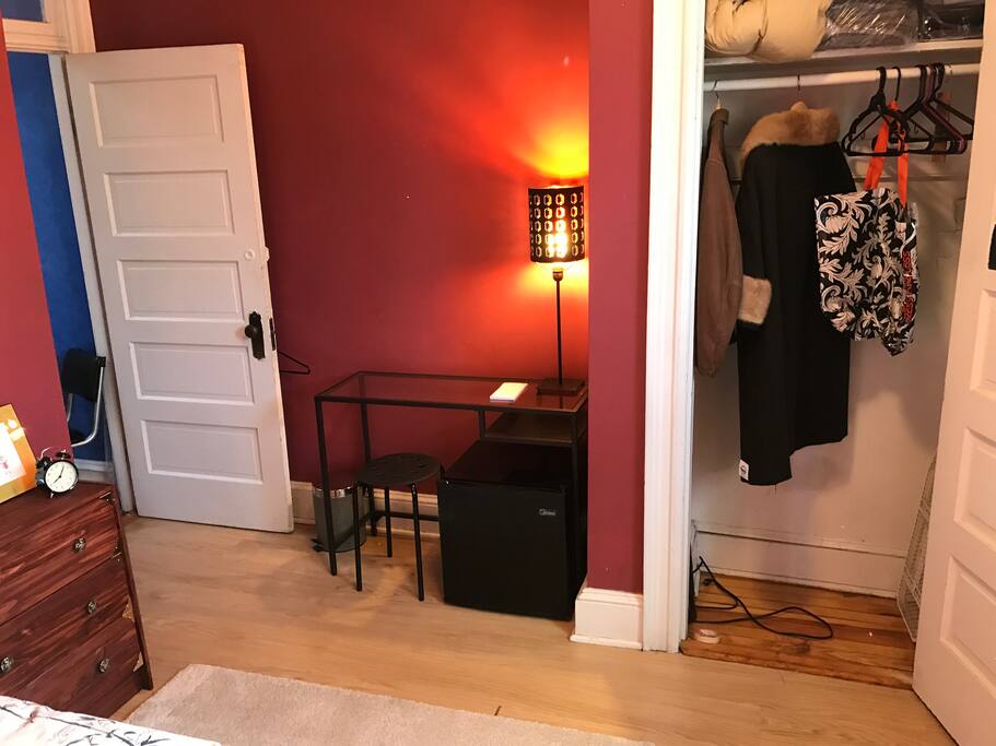 Workspace, mini-fridge and closet