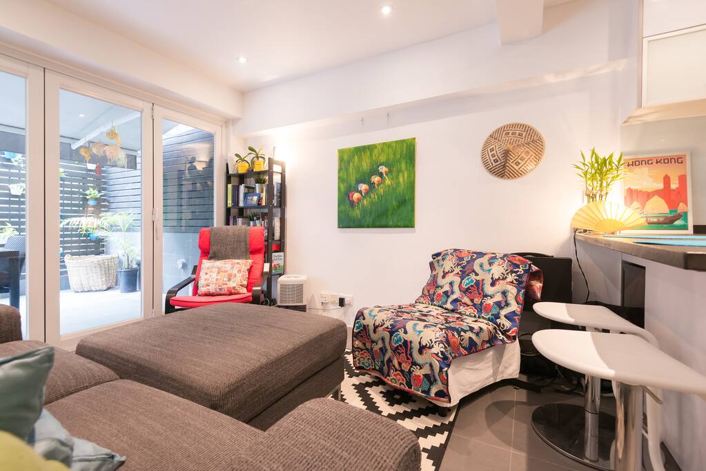 Look out to the large terrace. Breakfast bar in kitchen
