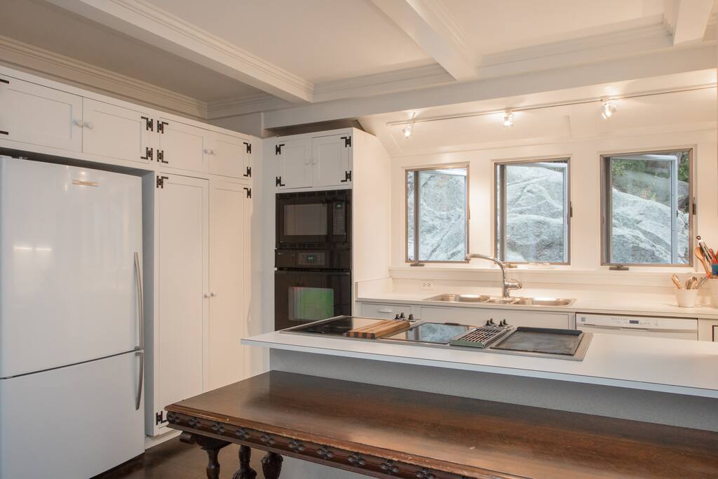 Cooks' eye view: Fisher & Paykel fridge, microwave and wall oven, buffet table, 4 sealed electric burners and a griddle, All Clad pots and pans, Grohe spray faucet, double sink, dishwasher. Pantry stocked with spices. View of The Rock.