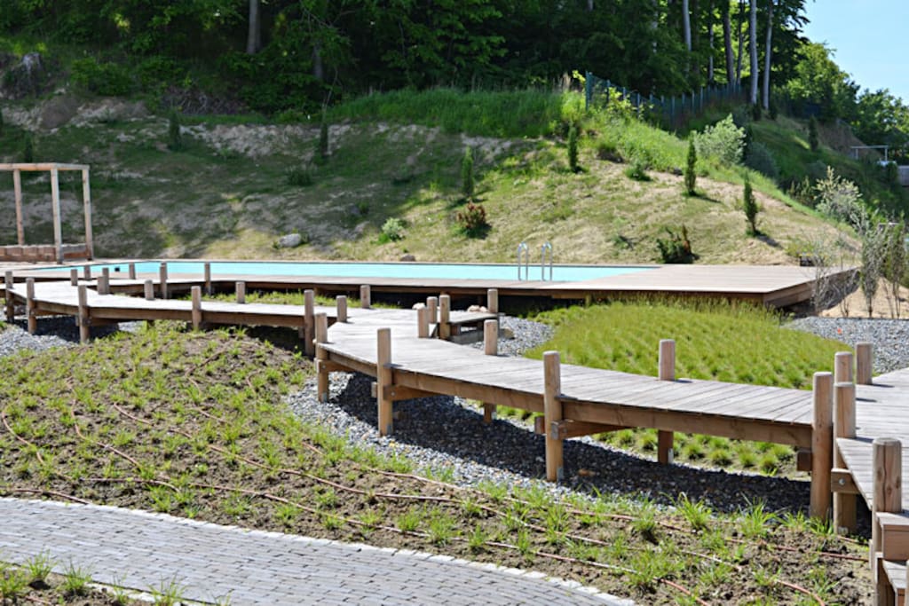 Die Gartenanlage am Aussenpool der Villen Philine und Claire im Ostseebad Sellin