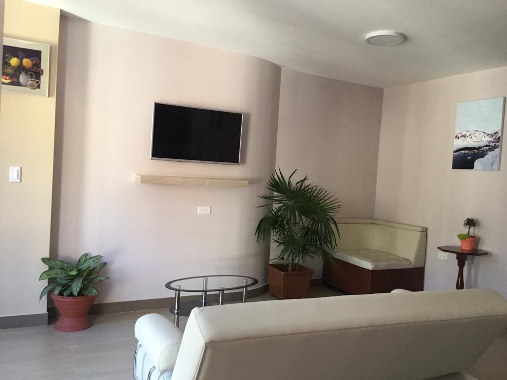 A welcoming living area is featured with a light-colored sofa positioned beside a glass coffee table. A mounted television is situated on the wall above a wooden shelf. Green plants add a touch of nature, and a small side table supports another potted plant.