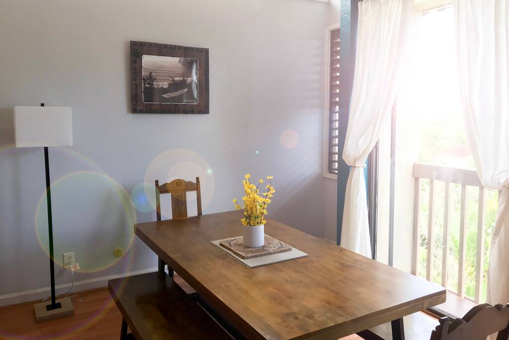 Dining table seats 6-8.