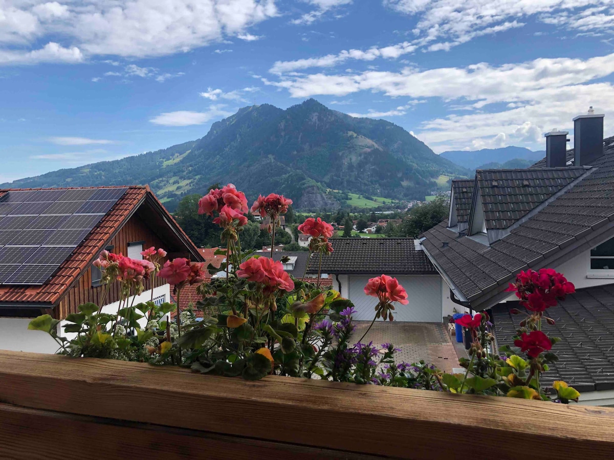 A balcony showcases vibrant flowers in shades of pink, contrasting against a backdrop of mountains and a clear blue sky. The surrounding rooftops are visible, with solar panels on one house, enhancing the view of the natural landscape beyond.
