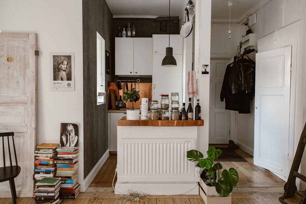 Newly renovated and very social kitchen with induction stove, dishwasher, new oven, large sized fridge and freezer