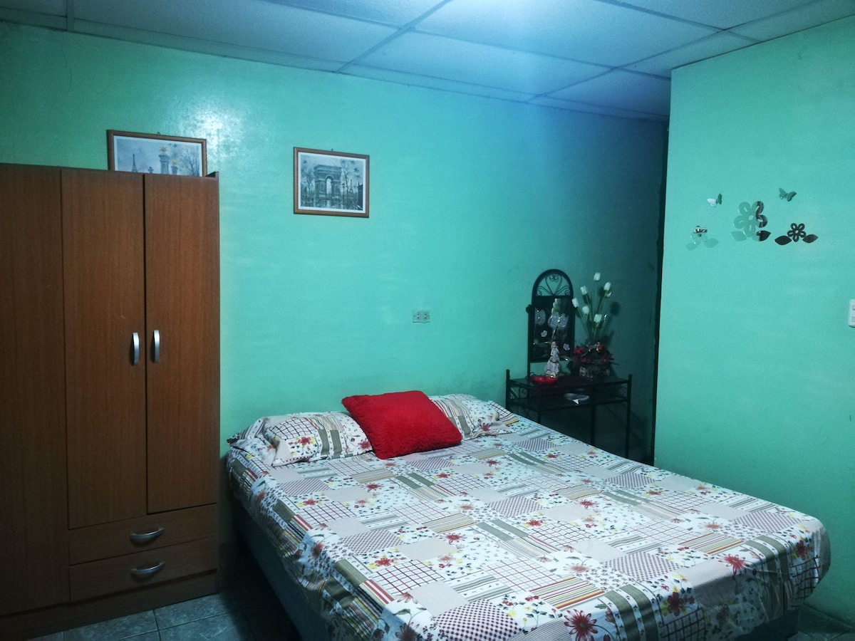 A spacious guest room features a large bed with a patterned blanket and a decorative red pillow. A wooden wardrobe with two drawers stands nearby, along with a small table decorated with flowers. Light blue walls provide a calming backdrop, while framed artwork adds character.