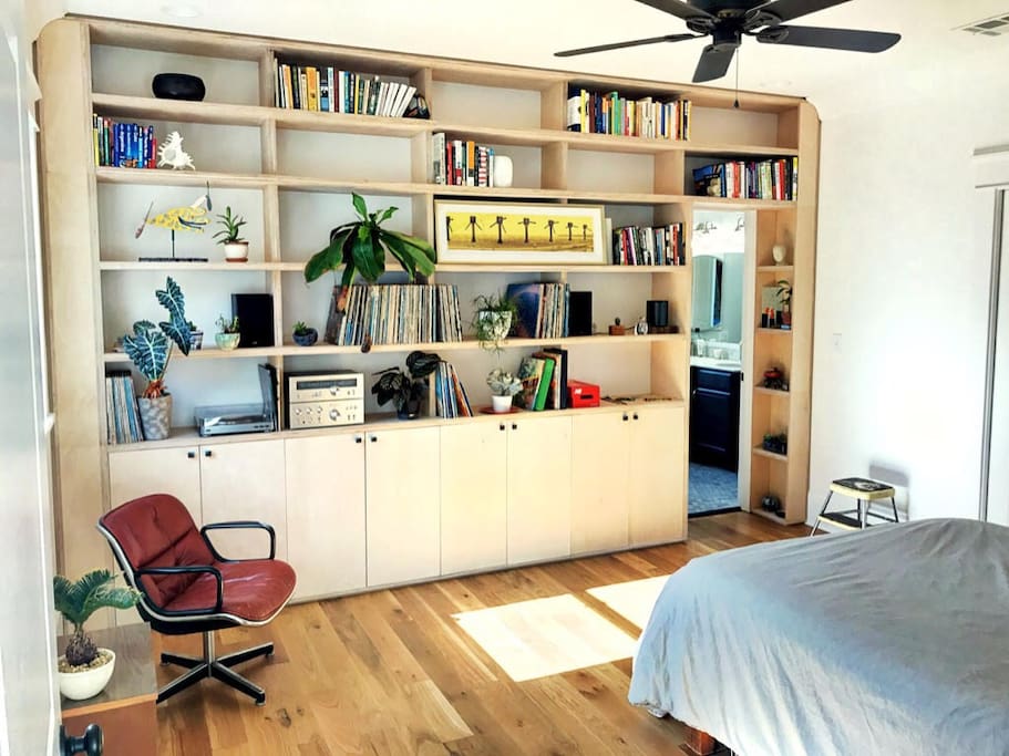 Master bookshelf - see into master bath