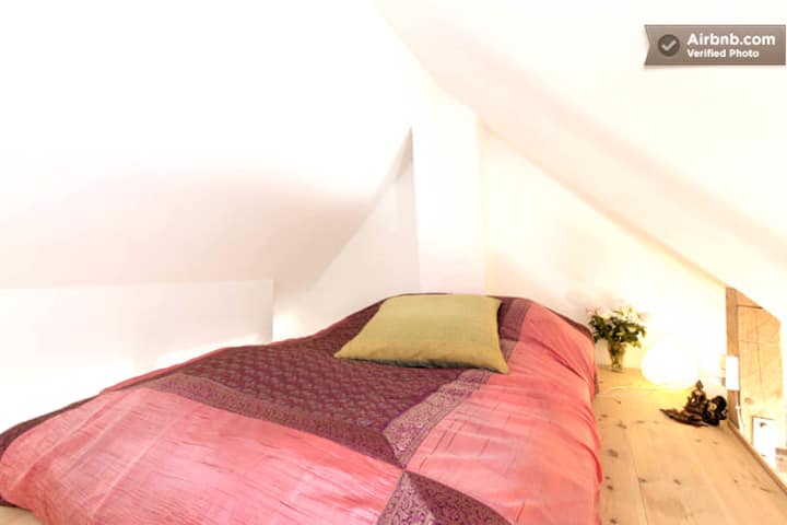 The small bedroom is located at the internal loft and it is 13 ms large. There is double bed, made of expensive latex from Ikea, the bed measures are: 160x200 cm. Fits two people perfectyly. 