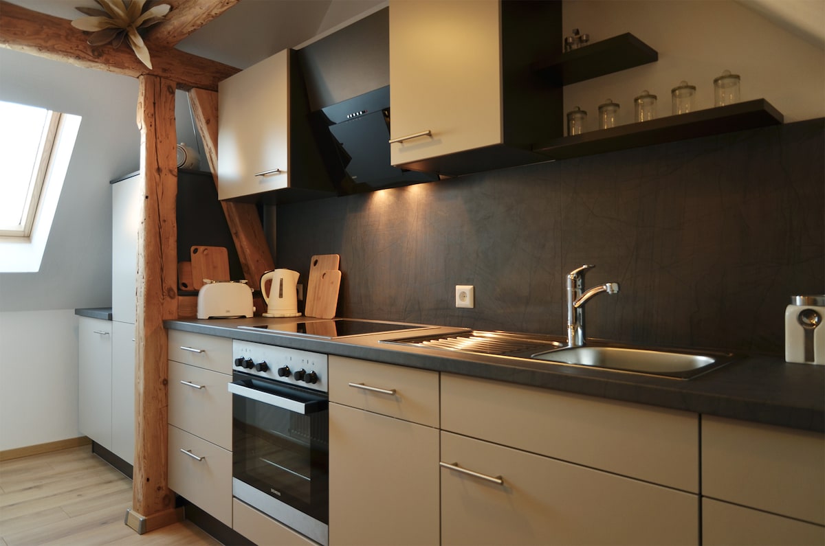 The kitchen features modern cabinetry with a combination of light and dark finishes. A sleek countertop with a stainless-steel sink and a four-burner stove is present. Natural light filters through a skylight, enhancing the space, which includes a toaster and glass jars on a shelf.