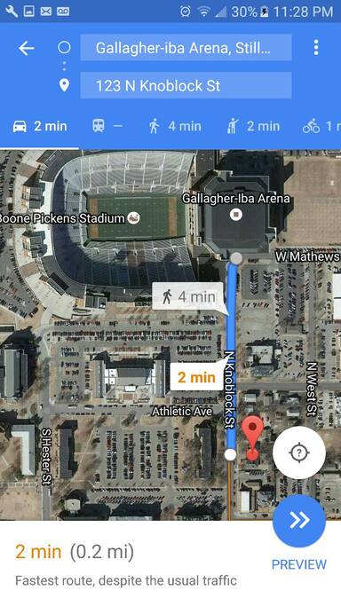 Distance and directions to the Boone Pickens Stadium and Gallagher Iba Arena.