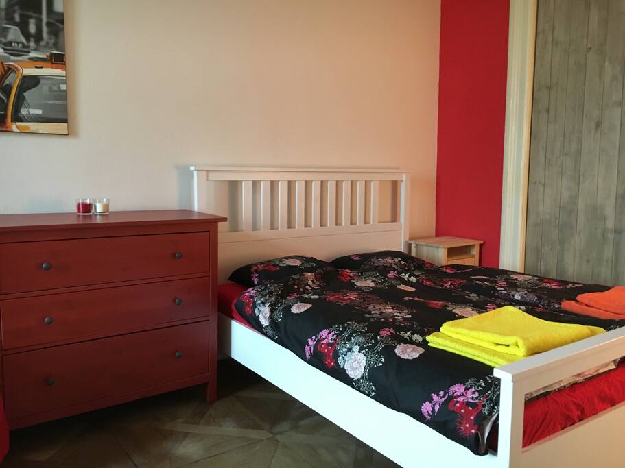 A double size bed in the room.