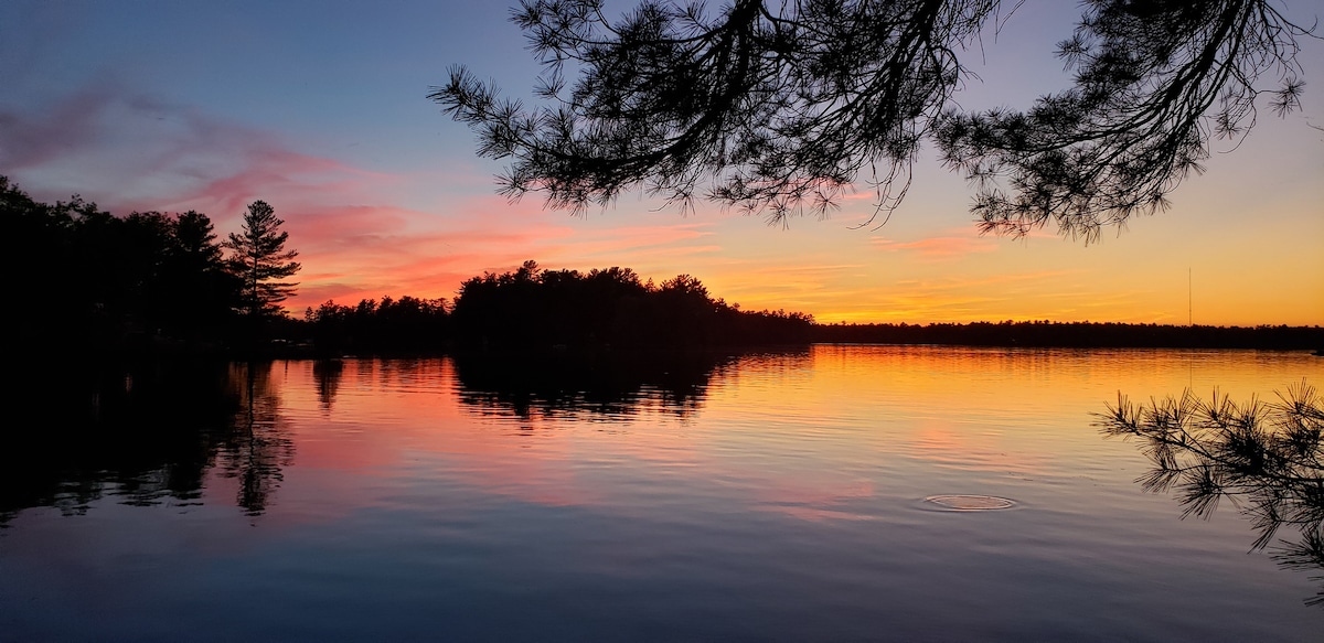 A serene lakeside scene captures a vibrant sunset with hues of orange and pink reflected on the water. Silhouettes of pine trees border the image, framing the colorful sky as it transitions into twilight.