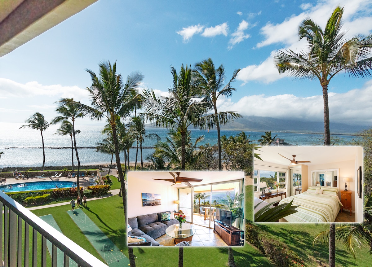 An oceanfront view showcases swaying palm trees, a vibrant lawn, and the calm waves of the beach. A glimpse of the inviting pool is visible alongside the lush greenery. The inset images capture a spacious living area with comfortable seating and a serene bedroom with a well-made bed.