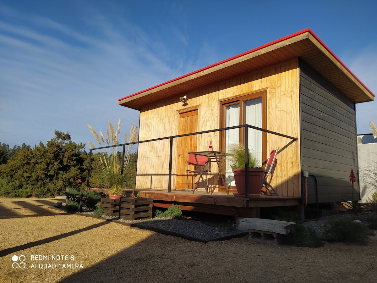 A charming wooden cabin is framed by a gravel pathway and lush vegetation. A small deck features a table and chairs set against large glass doors. Natural light is invited in through the doors, enhancing the cabin's welcoming exterior.