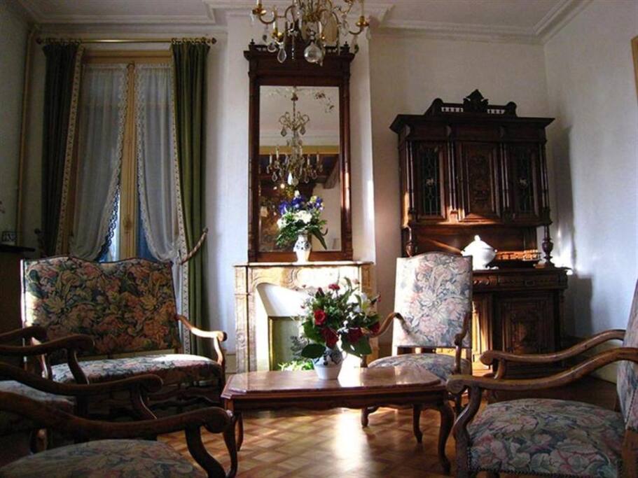 Vue du salon avec sa cheminée