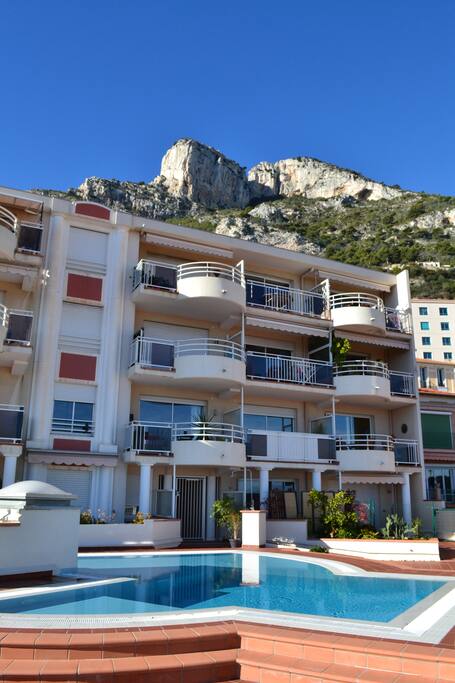 View of the building, from the swimming pool level.