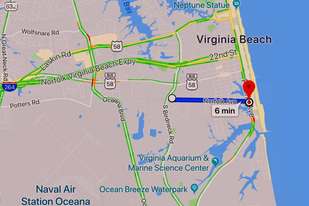 JUST 1 MILE TO THE OCEANFRONT OASIS! You can easily walk or ride one of our bikes down to the oceanfront! (This is the bike route you can also walk to the oceanfront as well along this route on Google maps)