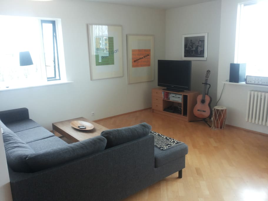 Spacious living room, TV and balcony