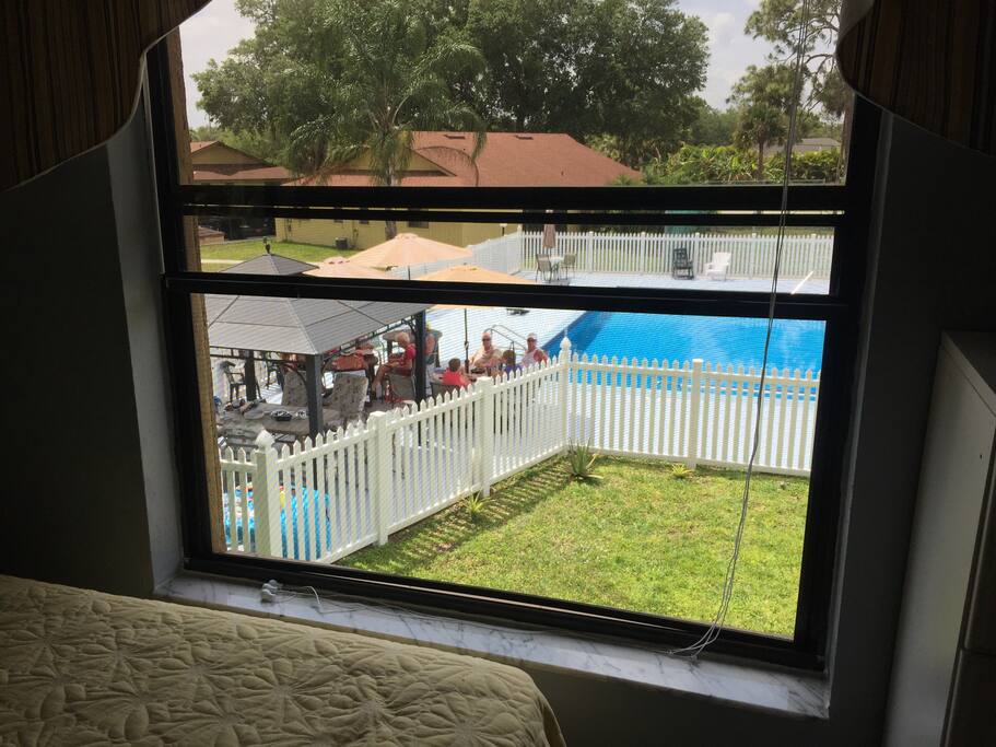 Pool view from guest bedroom