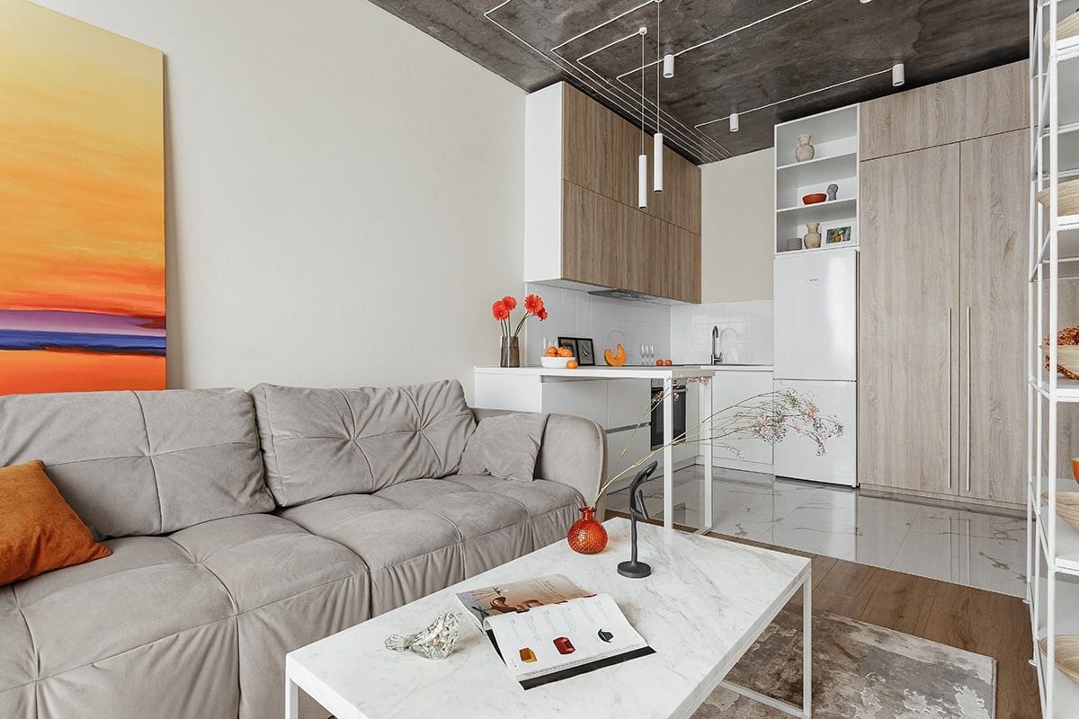 A modern living area is highlighted by a comfortable sofa with plush cushions. A white marble coffee table is set before the sofa, adorned with a decorative vase. The kitchen area features sleek cabinetry and essential appliances, offering a stylish and functional space.