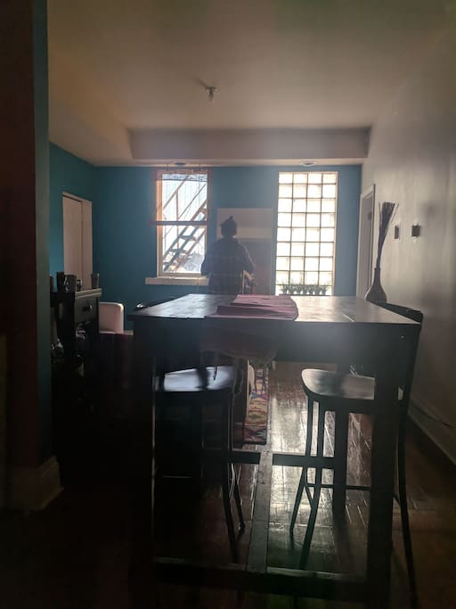 View of the dining space into the living room