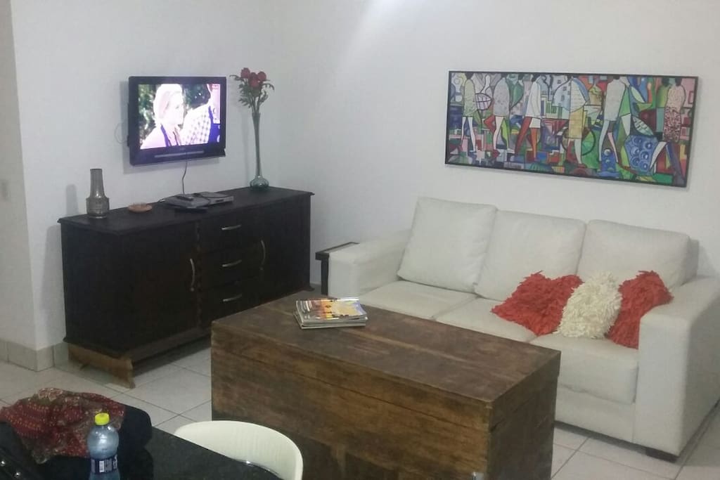 Sala de estar junto com a cozinha tv a cabo sofá cama para uma pessoa